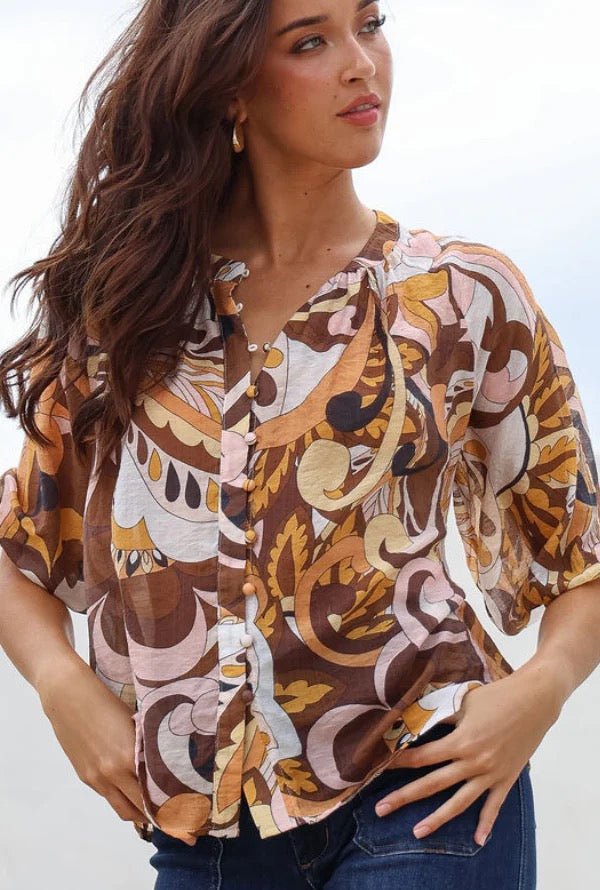 Elegant Women's Shirt with Button Down Front and Relaxed Fit – Long Sleeve Print Blouse in Soft Rayon-Nylon Blend 2