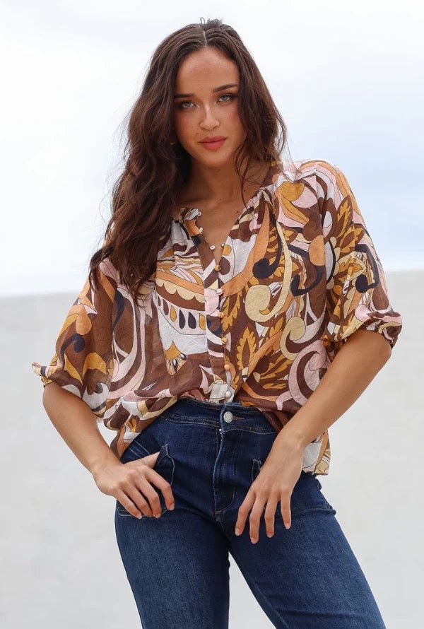 Elegant Women's Shirt with Button Down Front and Relaxed Fit – Long Sleeve Print Blouse in Soft Rayon-Nylon Blend 3