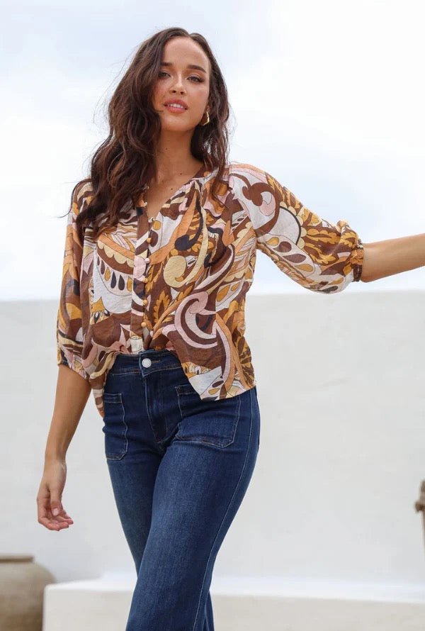 Elegant Women's Shirt with Button Down Front and Relaxed Fit – Long Sleeve Print Blouse in Soft Rayon-Nylon Blend 4