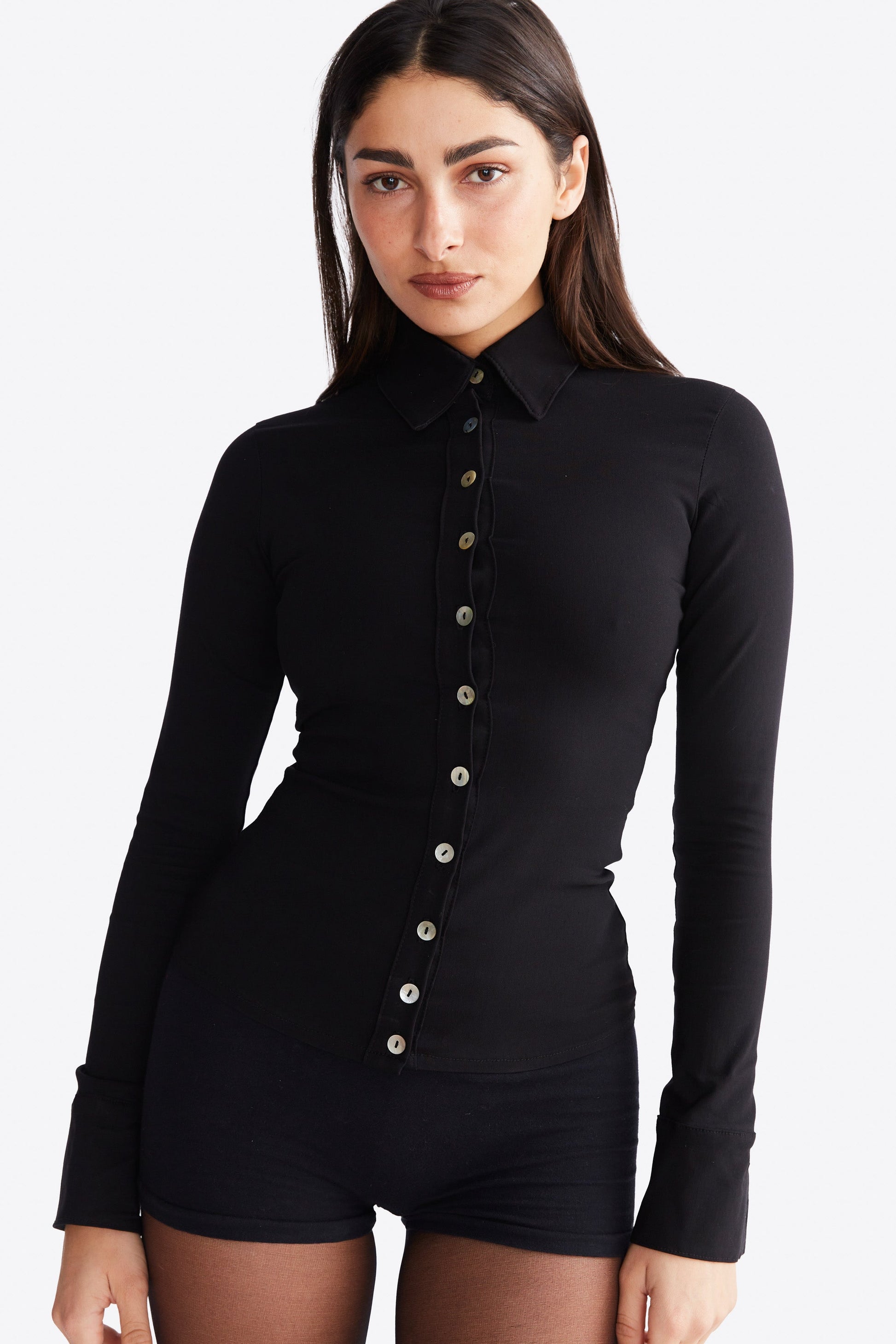 Men's Black Dress Shirt with French Cuffs and Mother of Pearl Buttons – Tailored Fit Cotton Blend 2