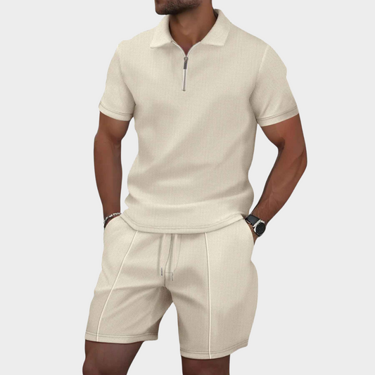 Men's Slim Fit Co-Ord Set with Zip-Up Shirt and Shorts – Casual Waffle Cotton Blend in Multiple Colors 0