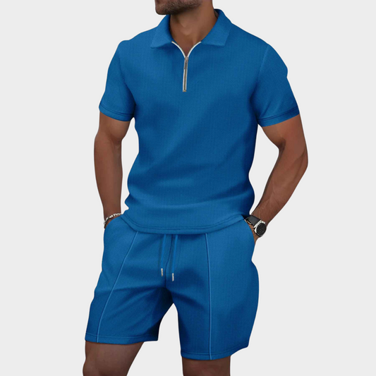 Men's Slim Fit Co-Ord Set with Zip-Up Shirt and Shorts – Casual Waffle Cotton Blend in Multiple Colors 1