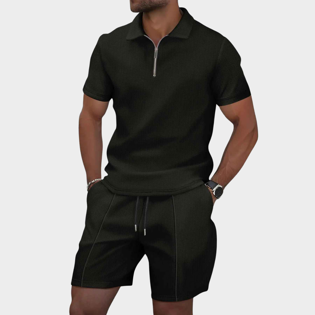 Men's Slim Fit Co-Ord Set with Zip-Up Shirt and Shorts – Casual Waffle Cotton Blend in Multiple Colors 2