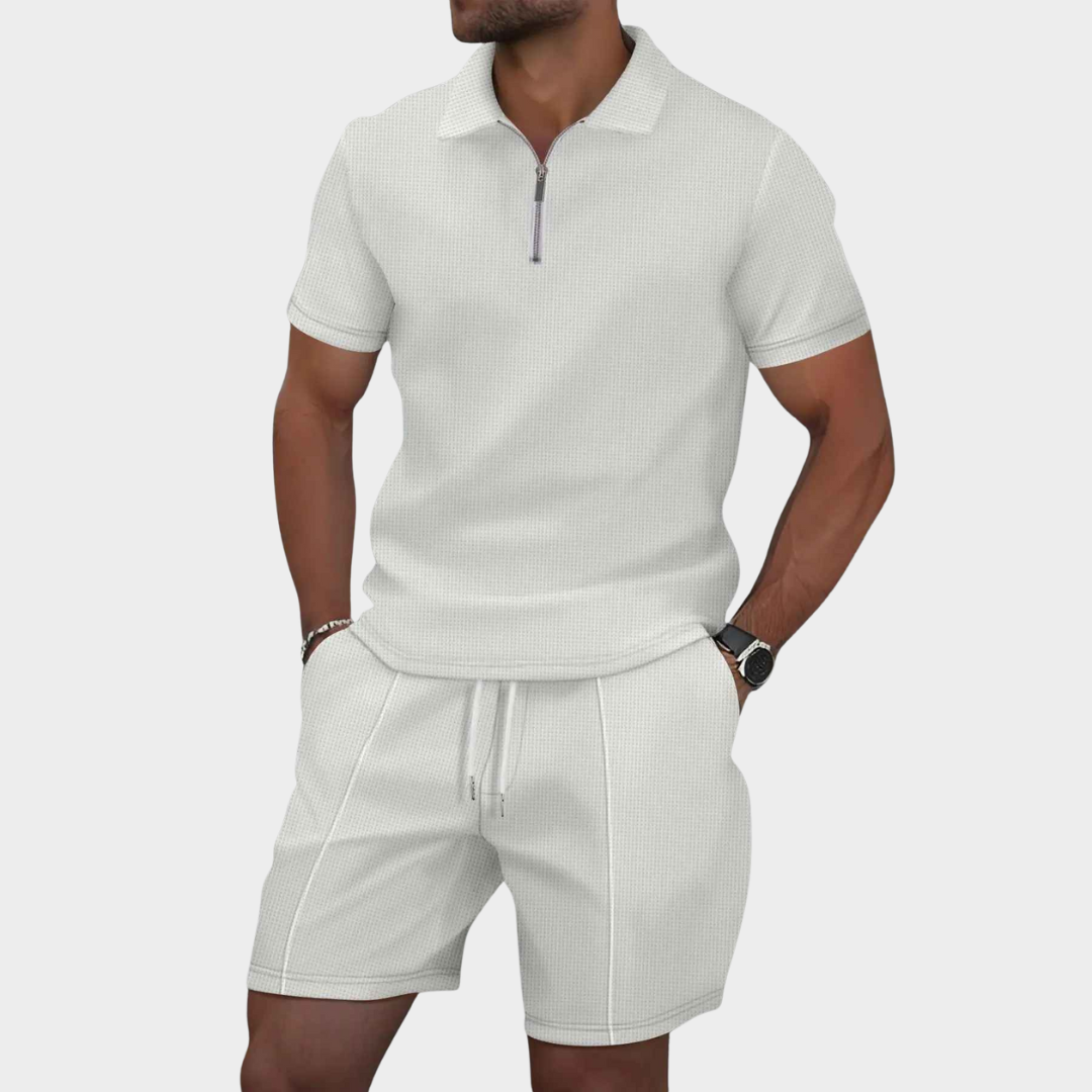Men's Slim Fit Co-Ord Set with Zip-Up Shirt and Shorts – Casual Waffle Cotton Blend in Multiple Colors 3