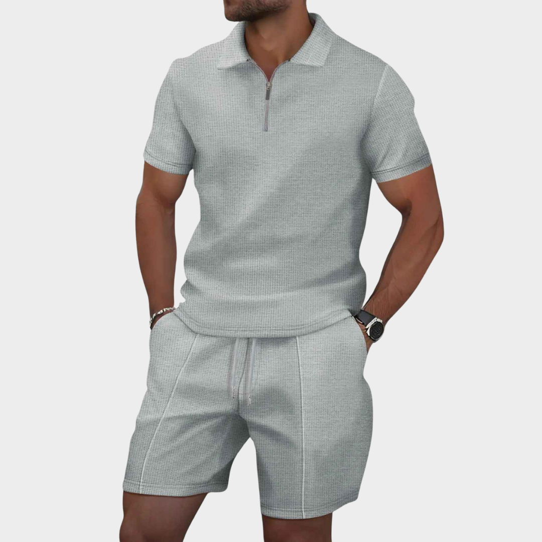 Men's Slim Fit Co-Ord Set with Zip-Up Shirt and Shorts – Casual Waffle Cotton Blend in Multiple Colors 4