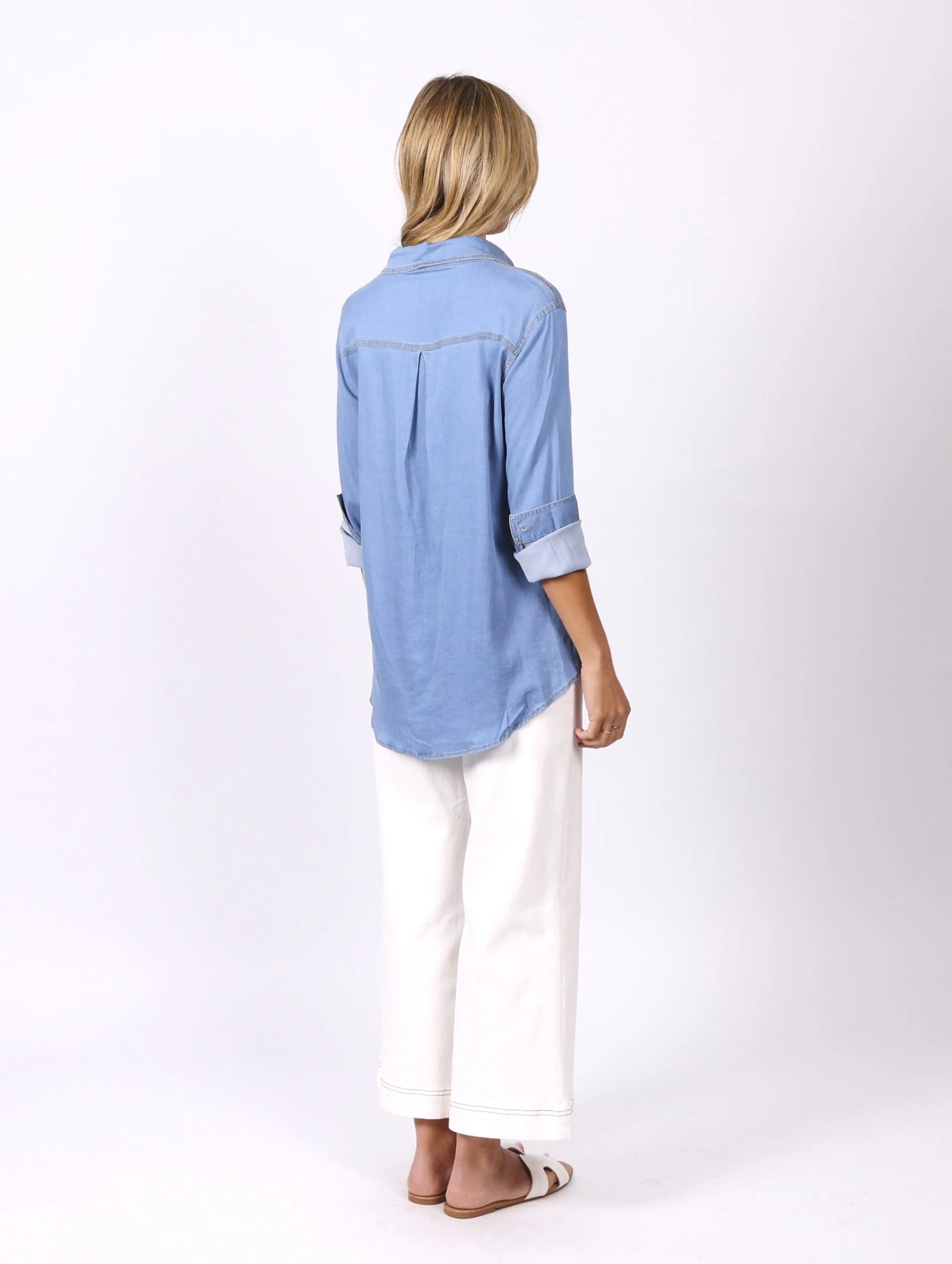 Mid Blue Womens Denim Shirt with Bust-Flattering Design and Curved Hemline – Stylish Denim Top for Casual Wear 2