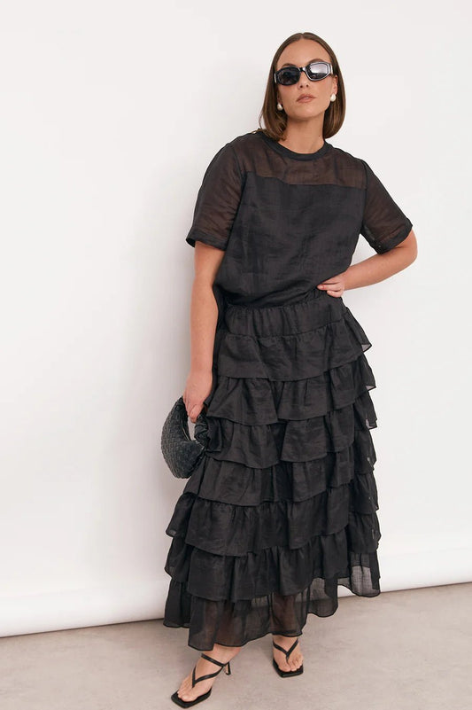 Ruffle Ramie Skirt in Black with Elastic Waist and Sheer Lining – Relaxed Fit and Stylish Design 0