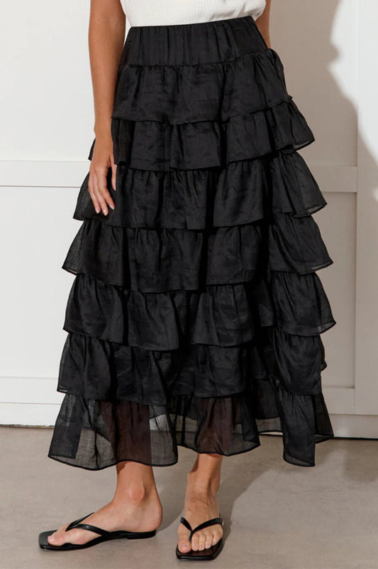 Ruffle Ramie Skirt in Black with Elastic Waist and Sheer Lining – Relaxed Fit and Stylish Design 1