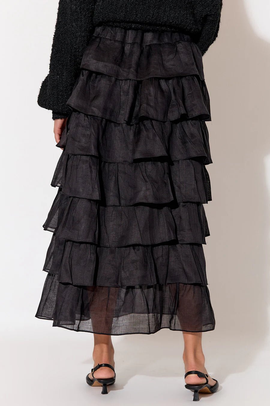 Ruffle Ramie Skirt in Black with Elastic Waist and Sheer Lining – Relaxed Fit and Stylish Design 2