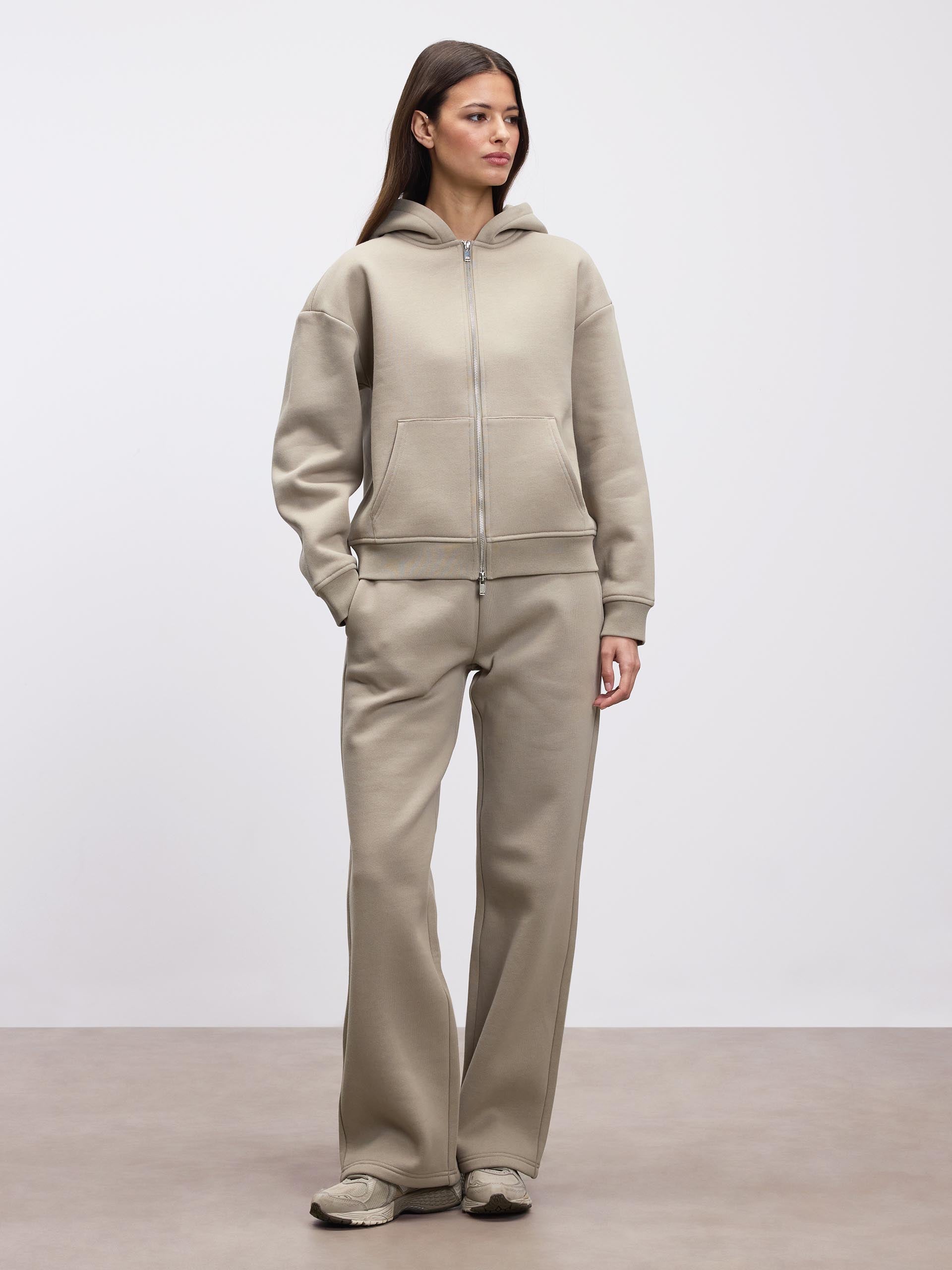 Womens Jogger Pants in Stone - Relaxed Straight Leg, Soft Touch Fleece with Adjustable Waistband and Pockets 1